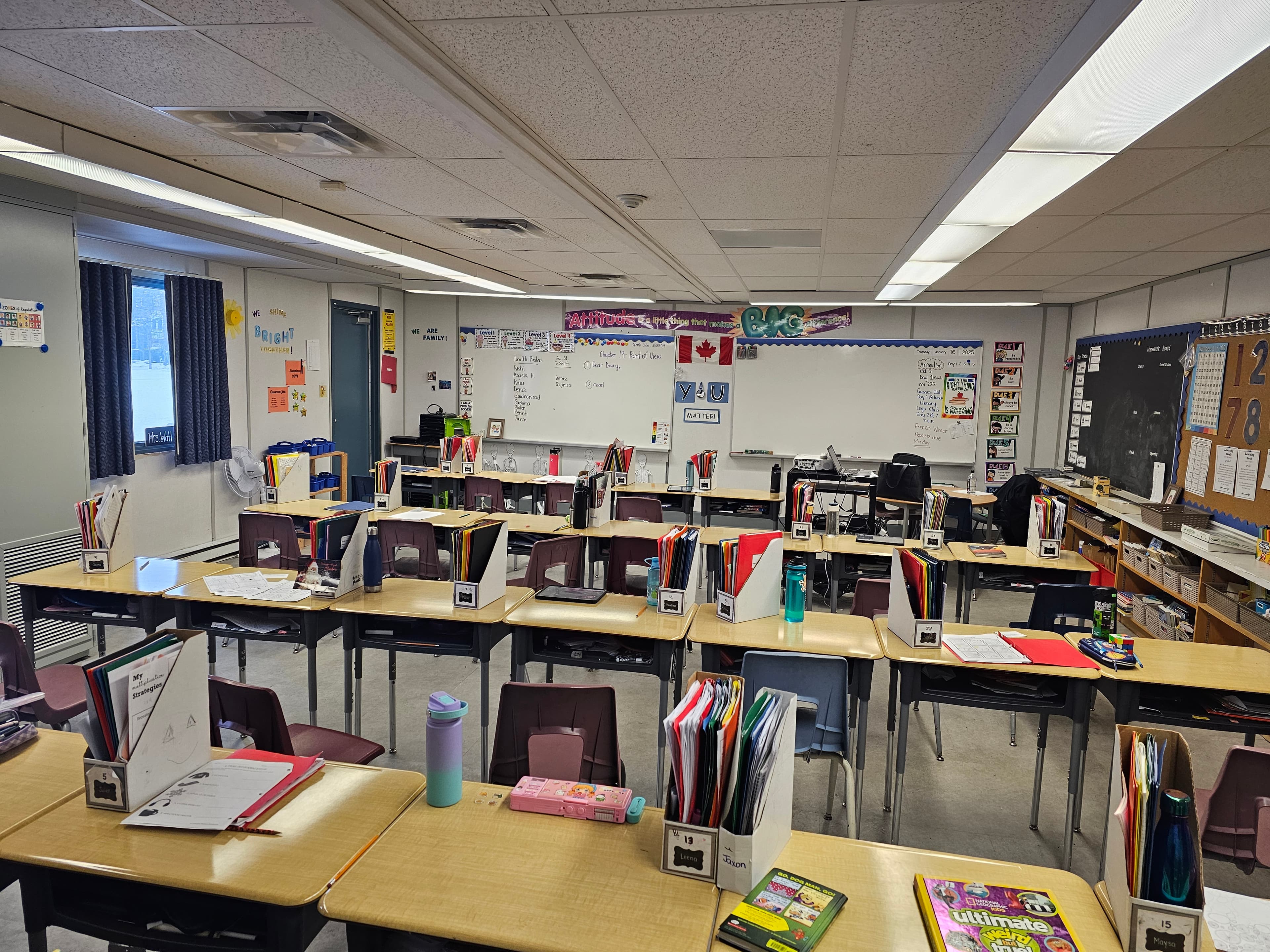 Prepared Grade 4/5 classroom at Blue Willow Public School with grouped desks and literacy materials