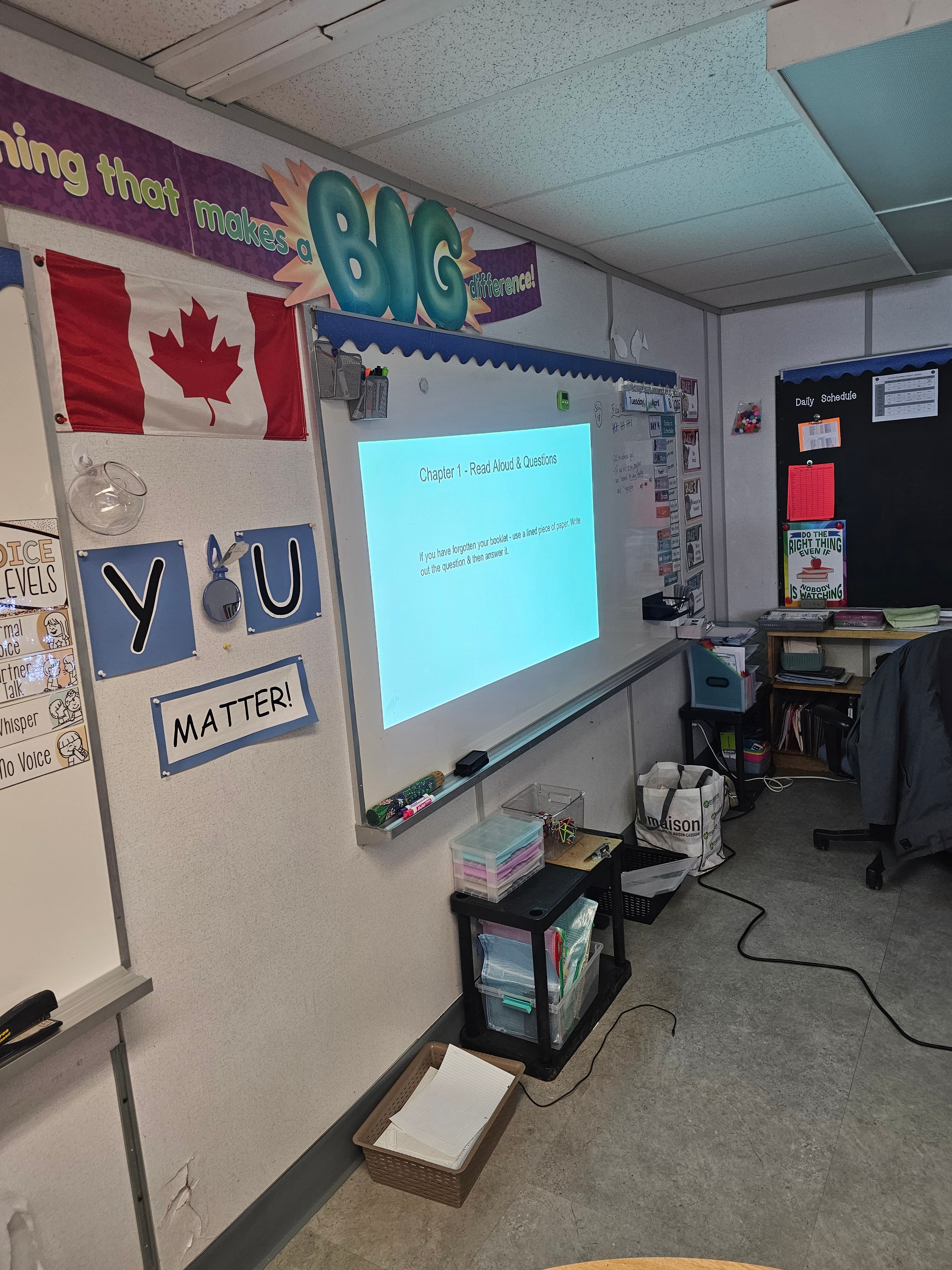 Read-aloud chapter questions projected on a classroom whiteboard at Blue Willow Public School