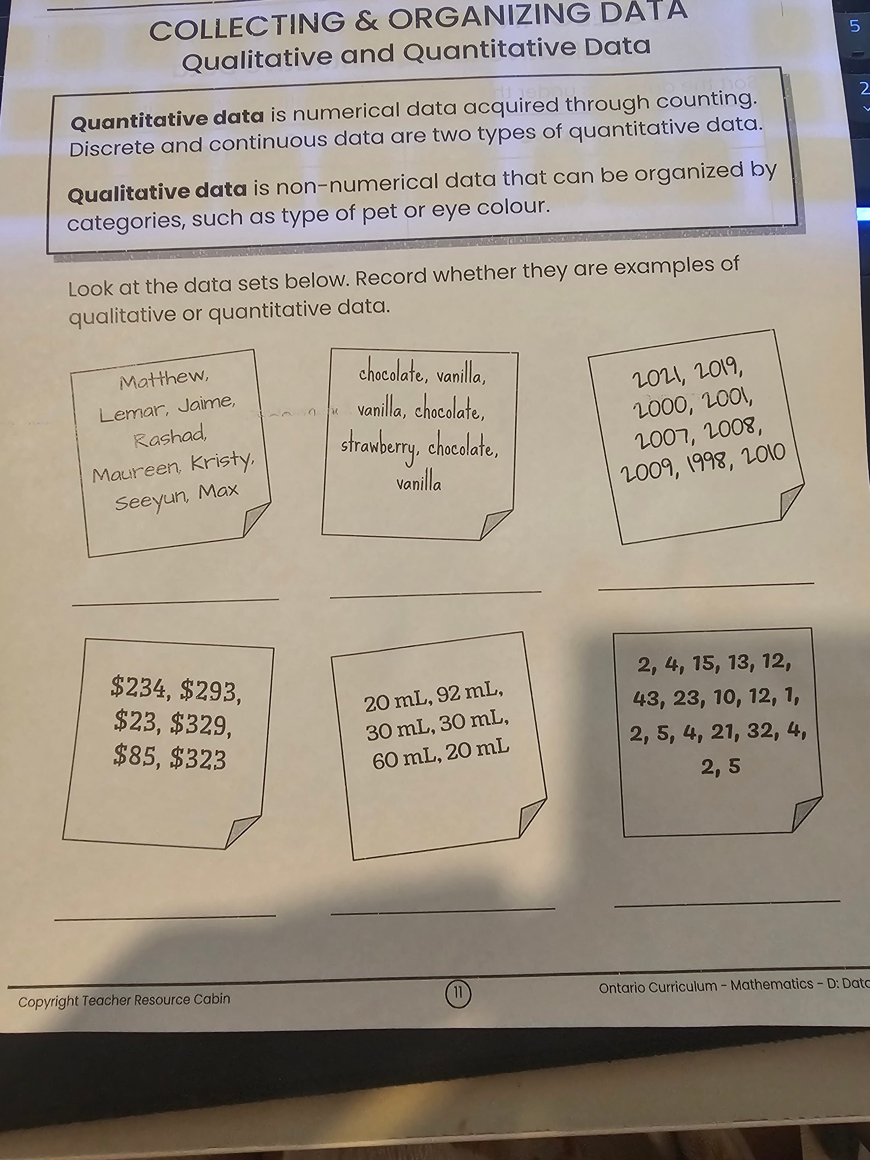 Ontario Curriculum mathematics resource on qualitative and quantitative data used at C.R. Marchant Middle School