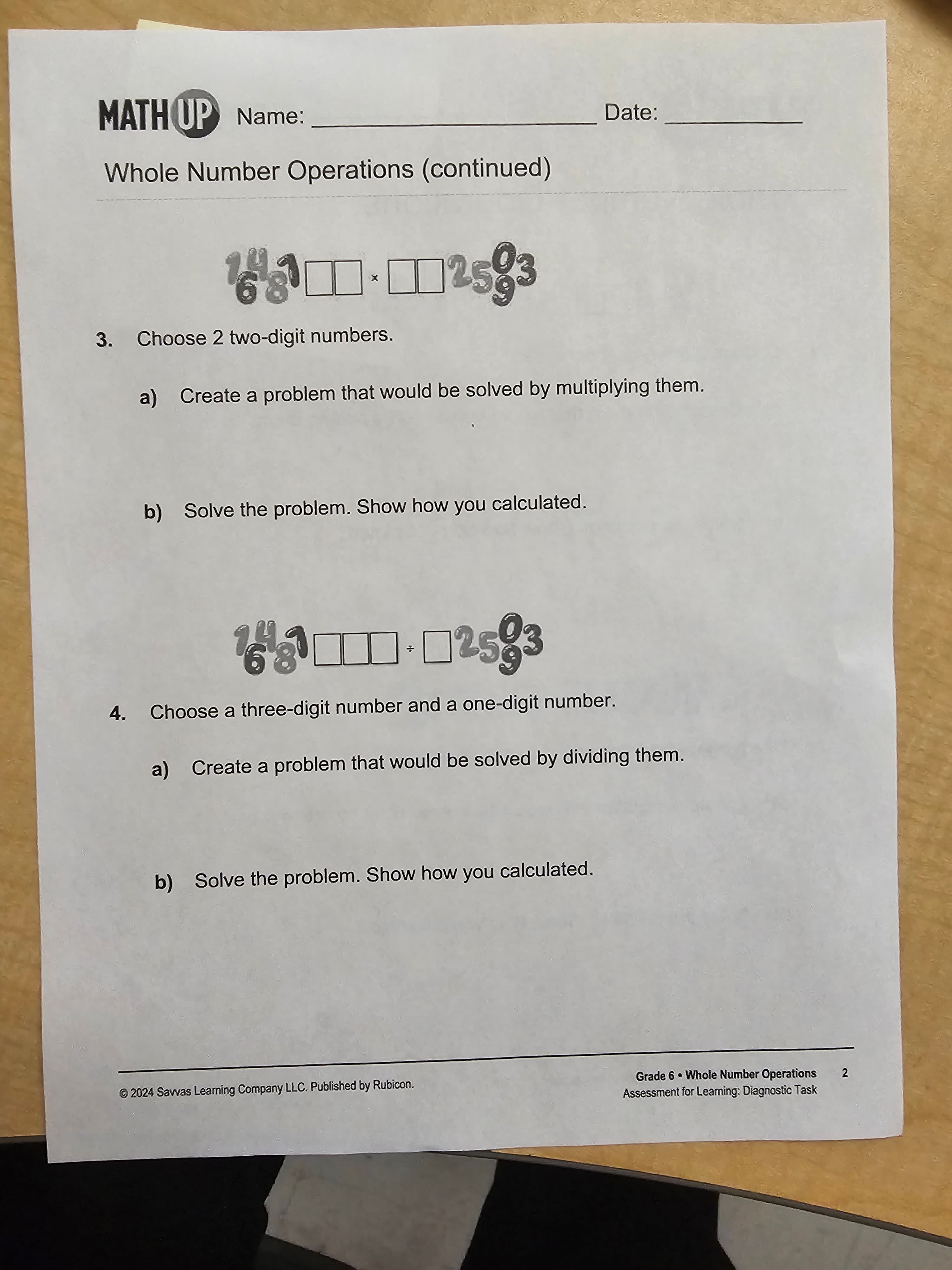 Grade 6 whole number operations diagnostic task sheet with a blank name field, used at Rouge Park Public School