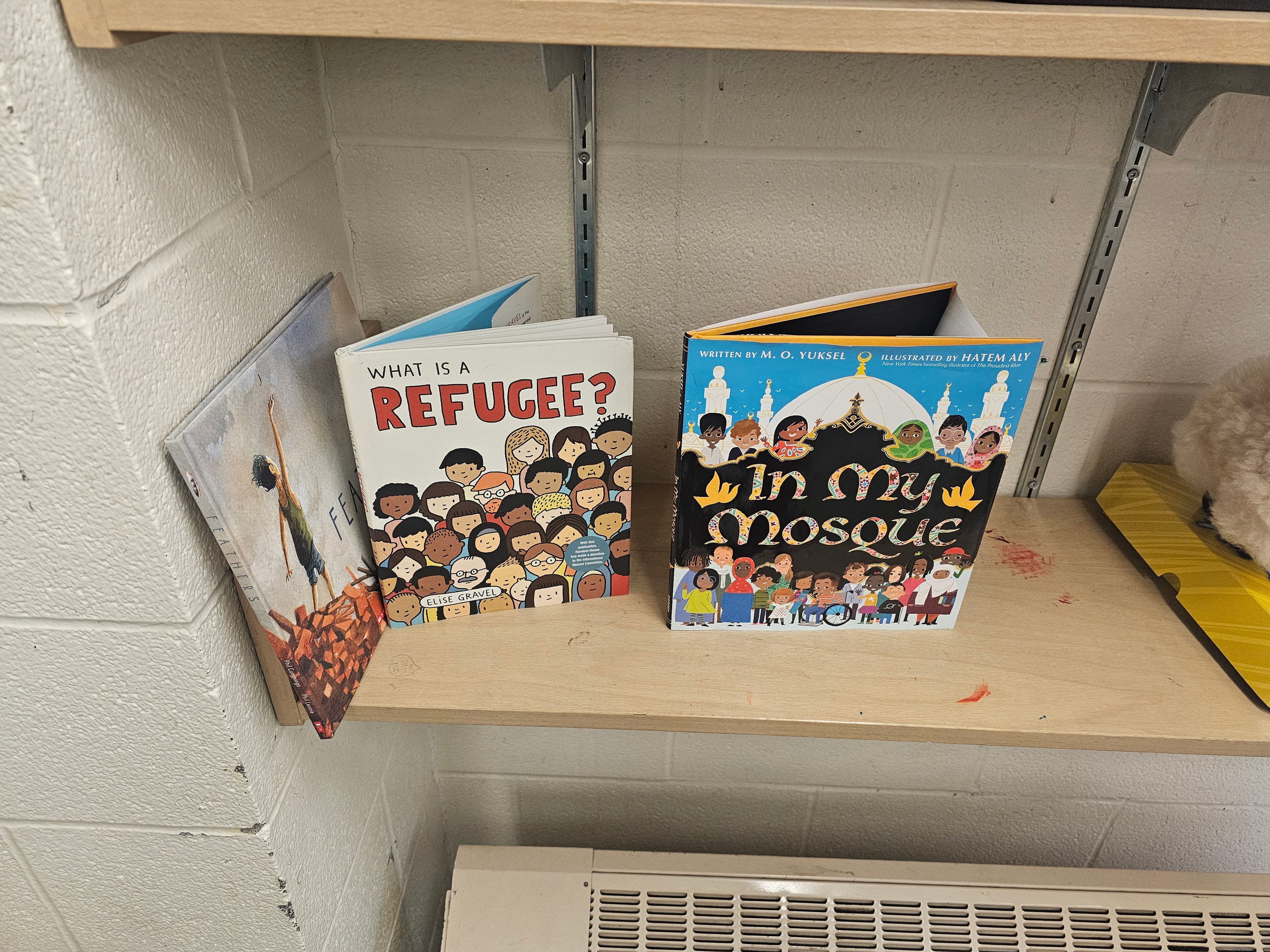 Shelf of diverse children's picture books supporting multilingual readers at C.R. Marchant Middle School